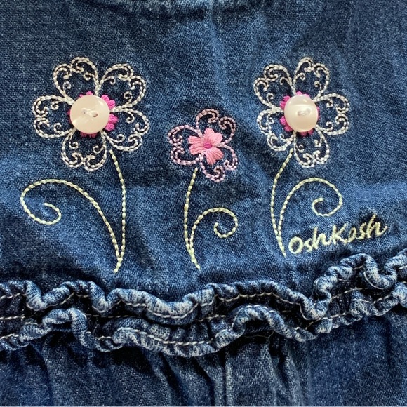 Oshkosh Ruffled Bubble Overalls Blue Jean Denim Jumpsuit Embroidered Flowers 18M - Picture 4 of 10